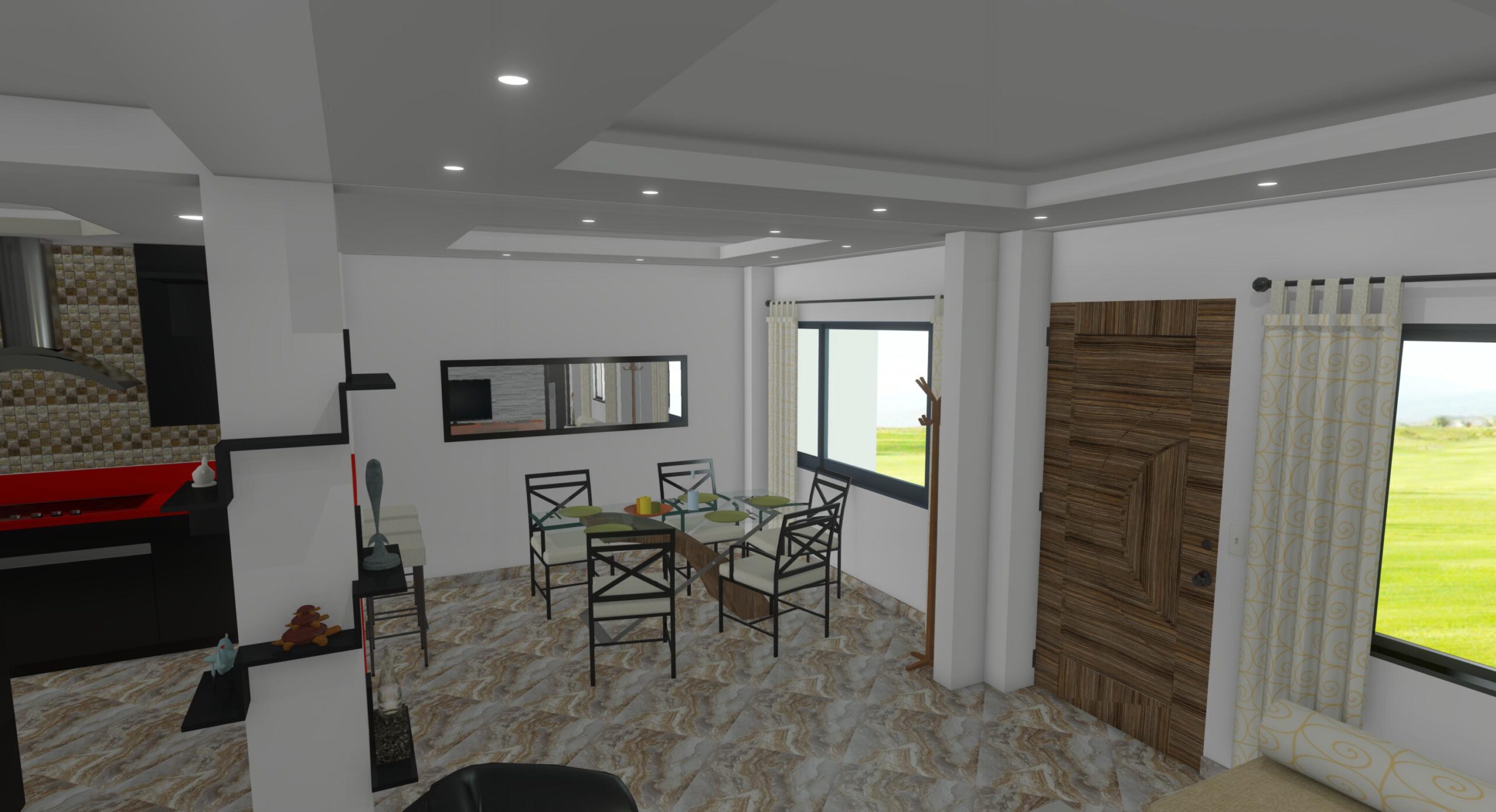 Diseño de cocina, sala y dormitorio